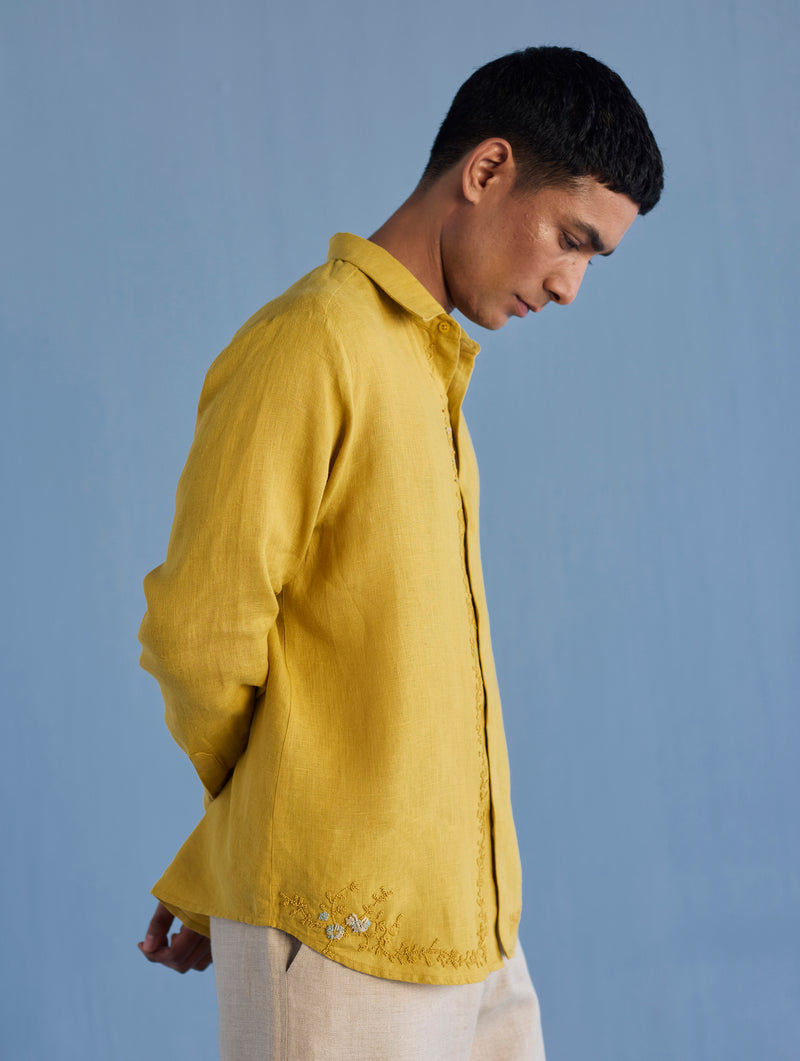 Kuru Hand-Embroidered Linen Shirt - Ochre