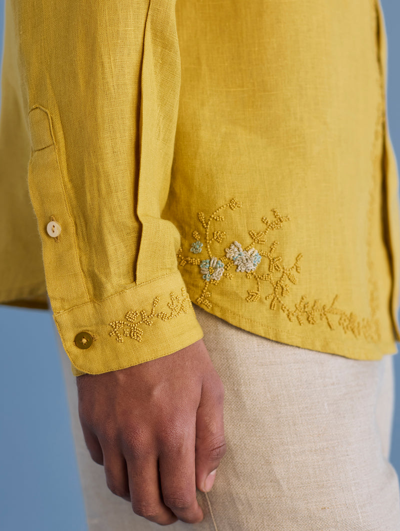 Kuru Hand-Embroidered Linen Shirt - Ochre