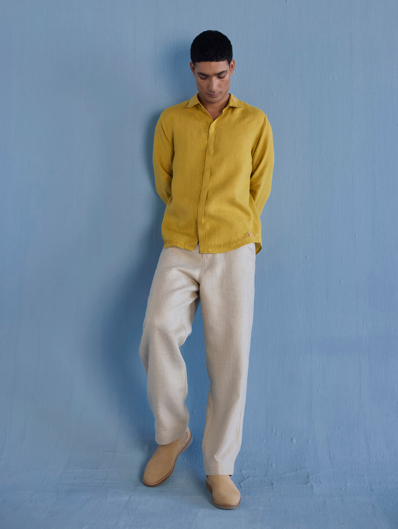 Kuru Hand-Embroidered Linen Shirt - Ochre