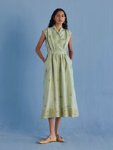 Mema Shawl Collar Printed Linen Dress - Mint