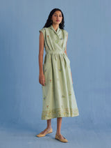 Mema Shawl Collar Printed Linen Dress - Mint