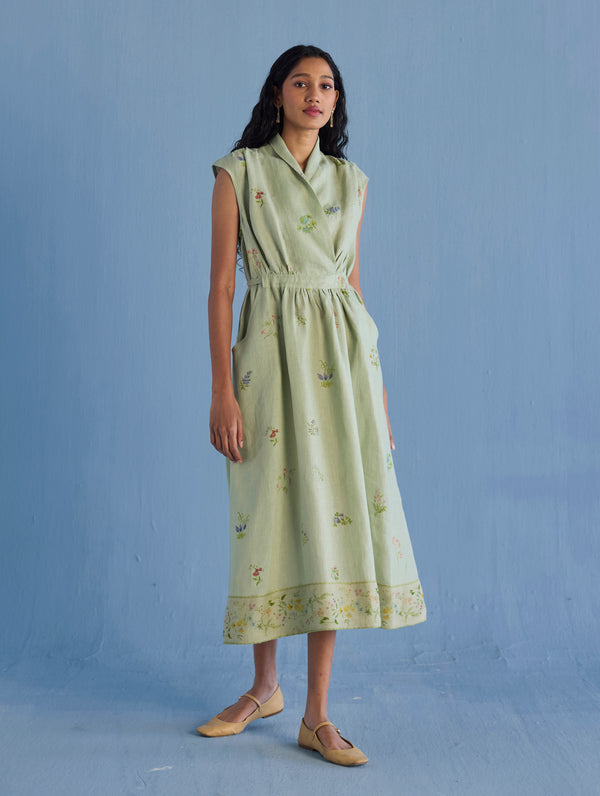 Mema Shawl Collar Printed Linen Dress - Mint