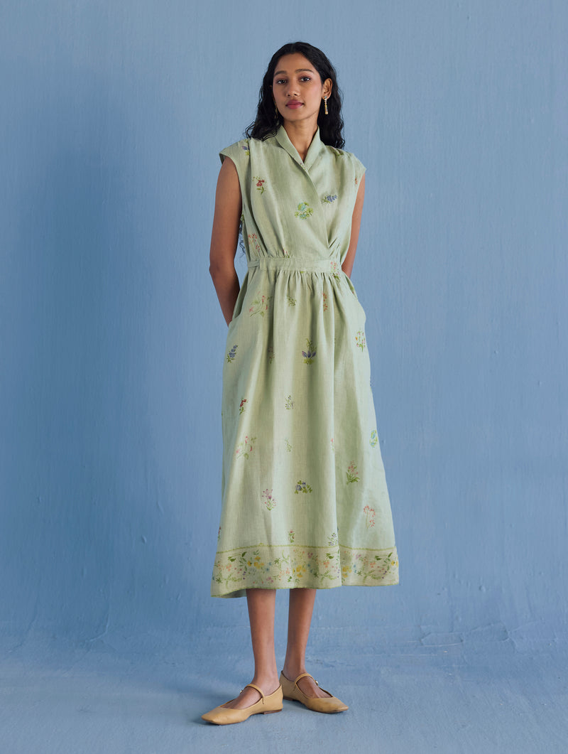 Mema Shawl Collar Printed Linen Dress - Mint