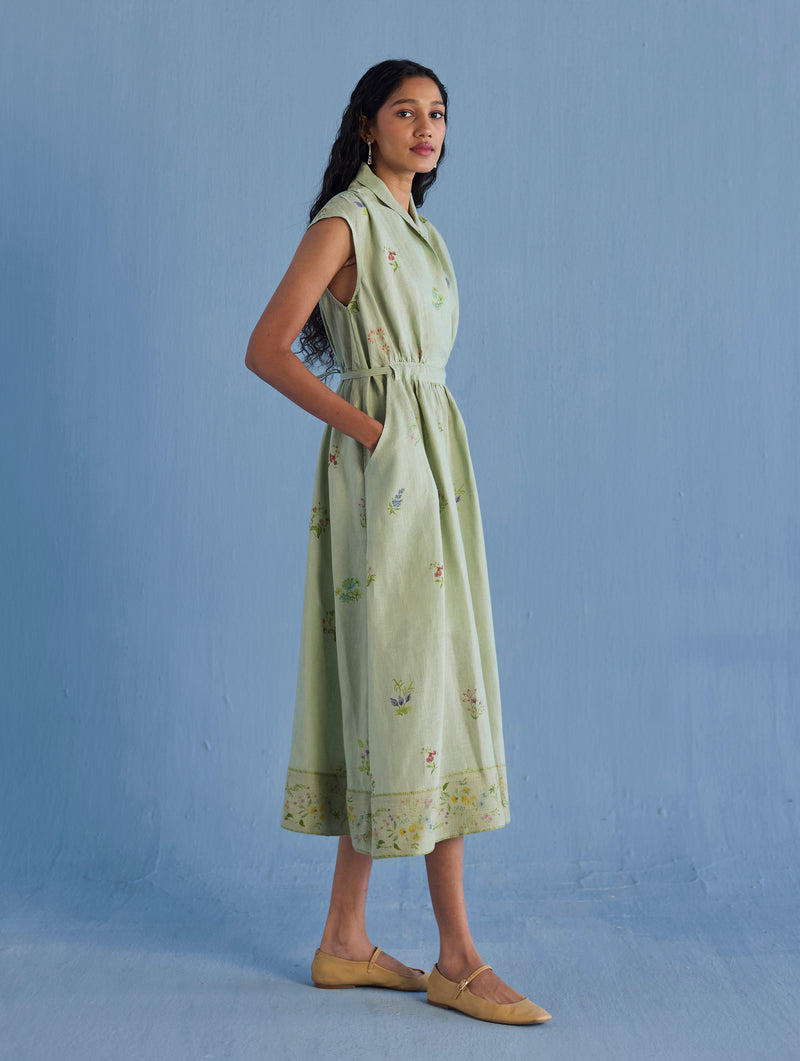 Mema Shawl Collar Printed Linen Dress - Mint