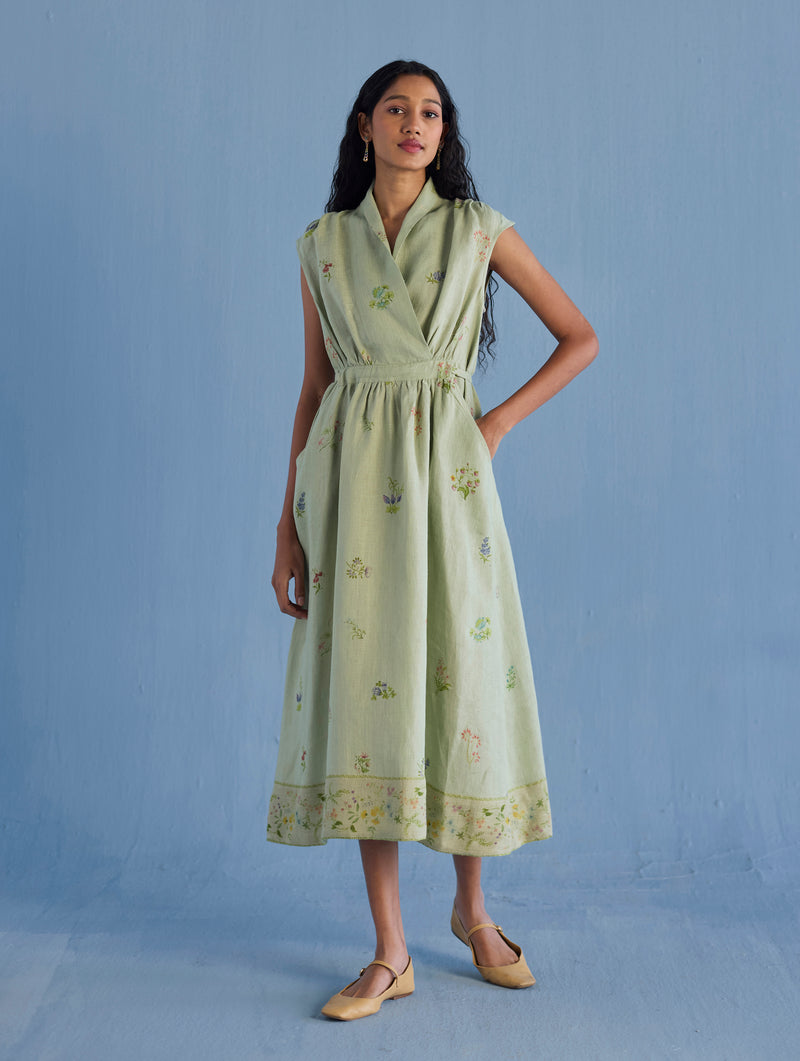 Mema Shawl Collar Printed Linen Dress - Mint