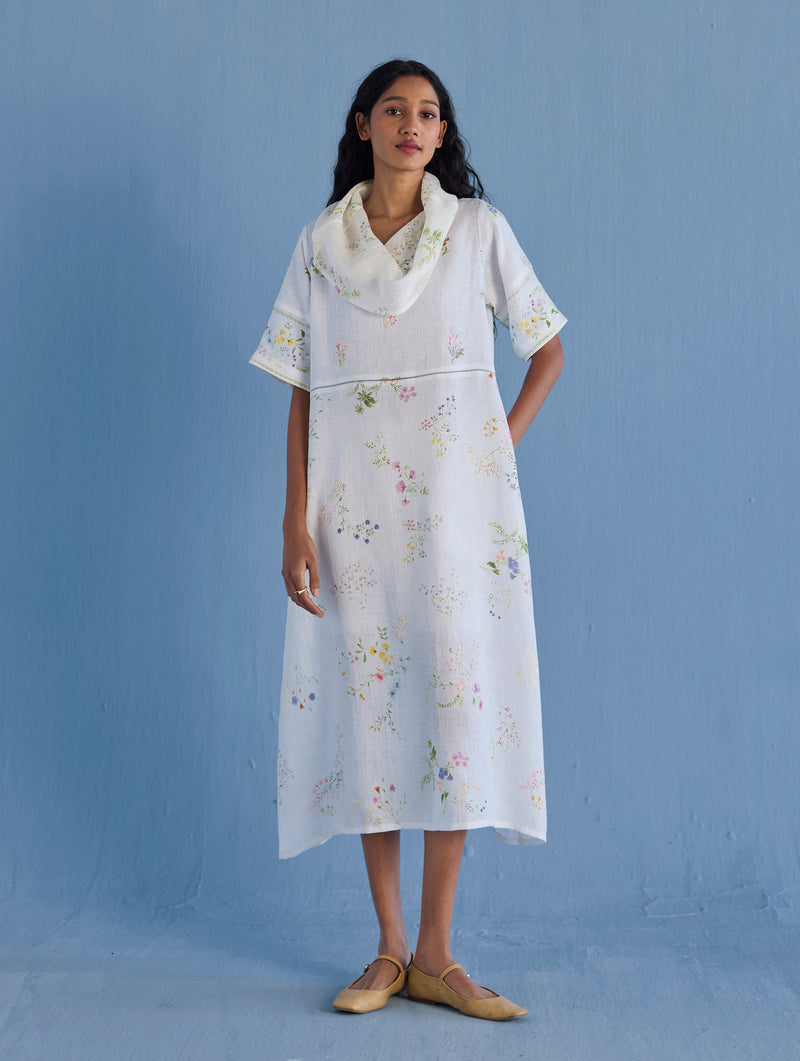 Imara Cowl Neck Linen Dress - White