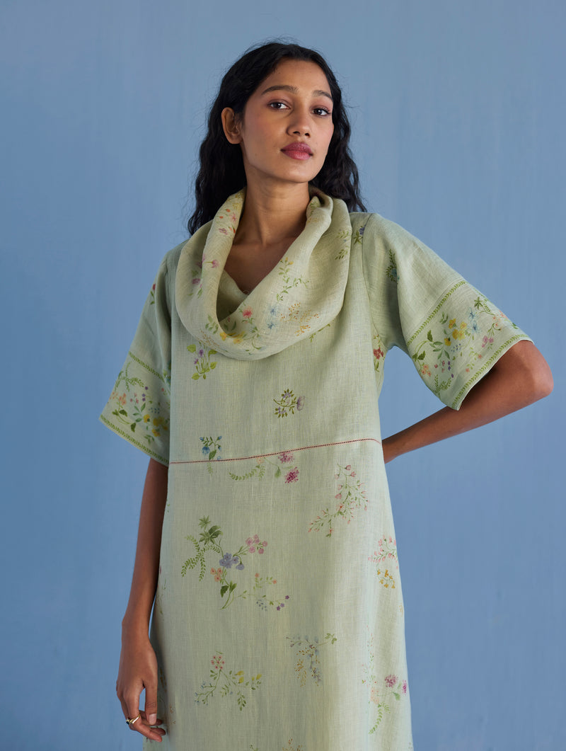 Imara Cowl Neck Linen Dress - Mint