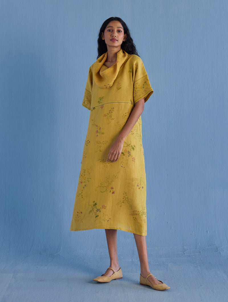 Imara Cowl Neck Linen Dress - Ochre