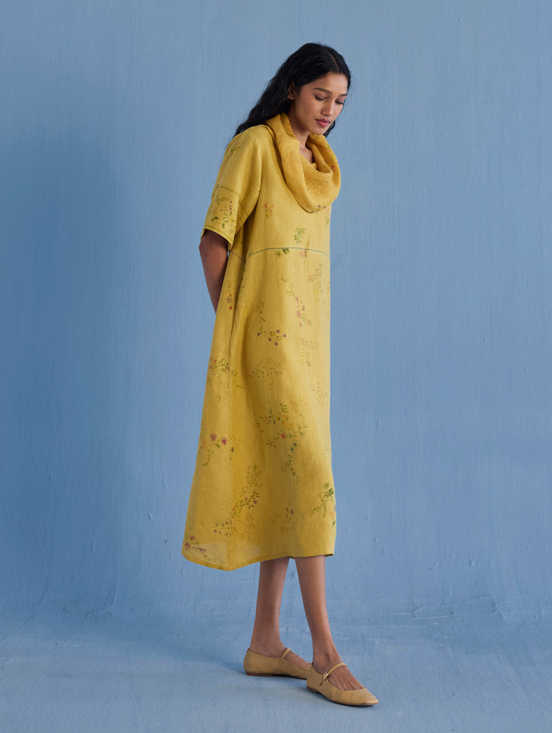 Imara Cowl Neck Linen Dress - Ochre