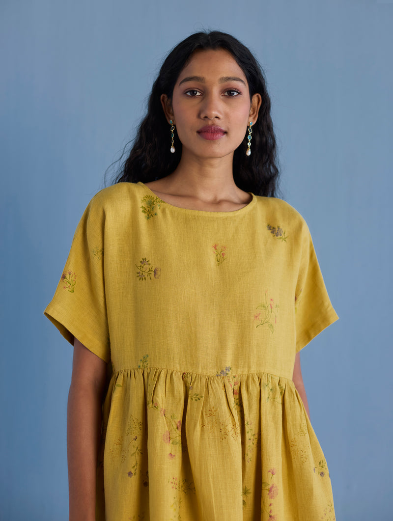 Uniko Pleated Floral Linen Dress - Ochre