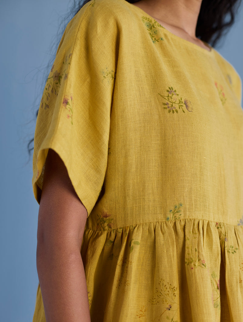 Uniko Pleated Floral Linen Dress - Ochre