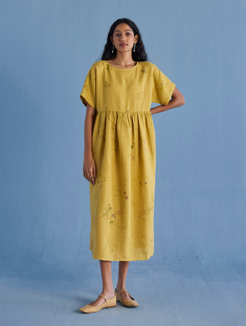 Uniko Pleated Floral Linen Dress - Ochre