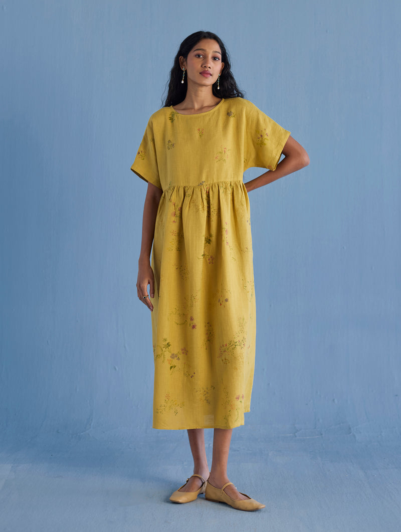 Uniko Pleated Floral Linen Dress - Ochre