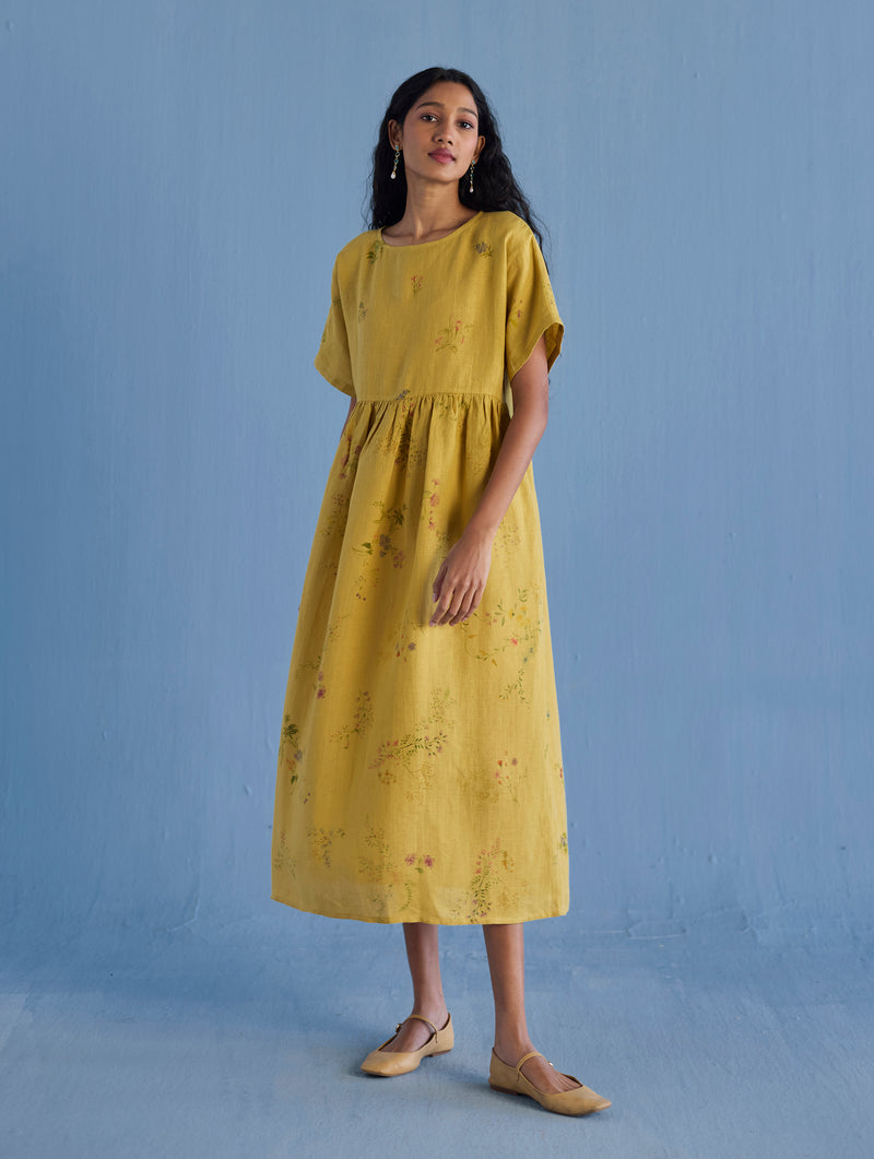 Uniko Pleated Floral Linen Dress - Ochre