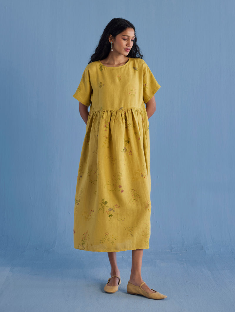 Uniko Pleated Floral Linen Dress - Ochre