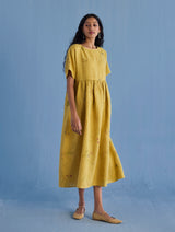 Uniko Pleated Floral Linen Dress - Ochre