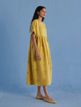 Uniko Pleated Floral Linen Dress - Ochre