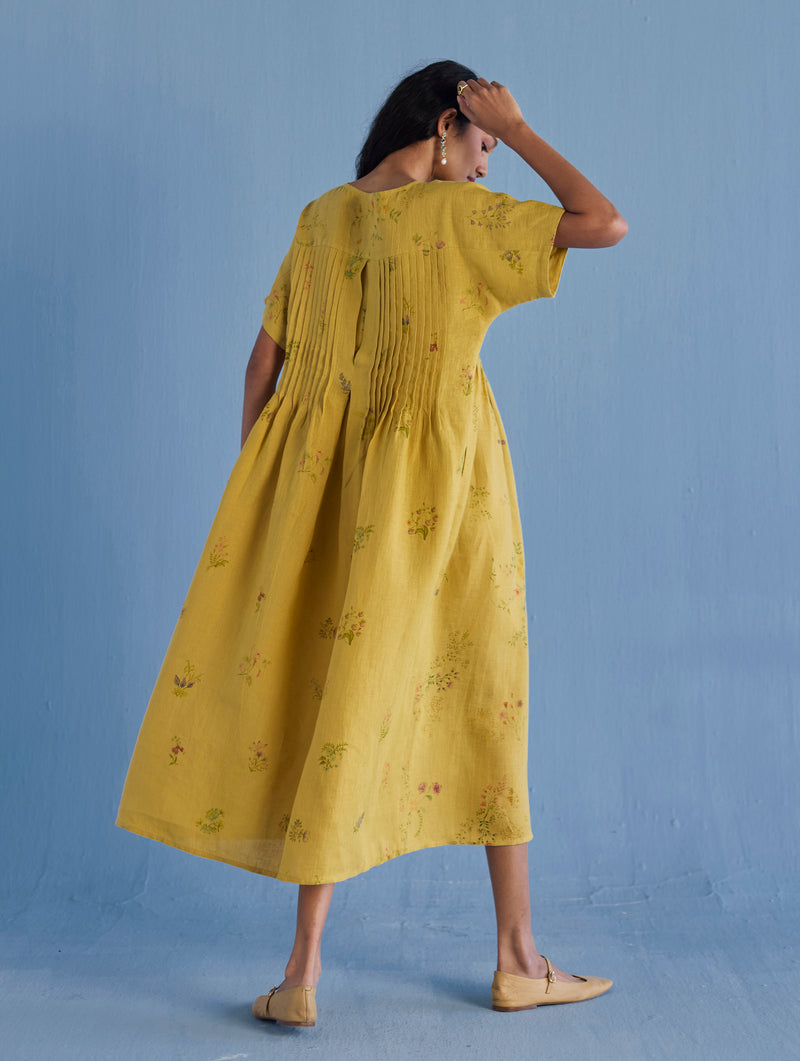 Uniko Pleated Floral Linen Dress - Ochre