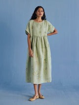 Uniko Pleated Floral Linen Dress - Mint