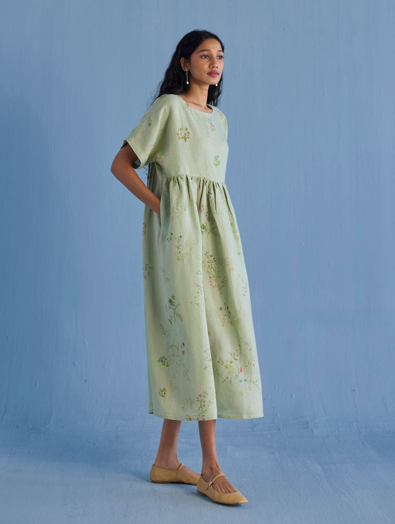 Uniko Pleated Floral Linen Dress - Mint