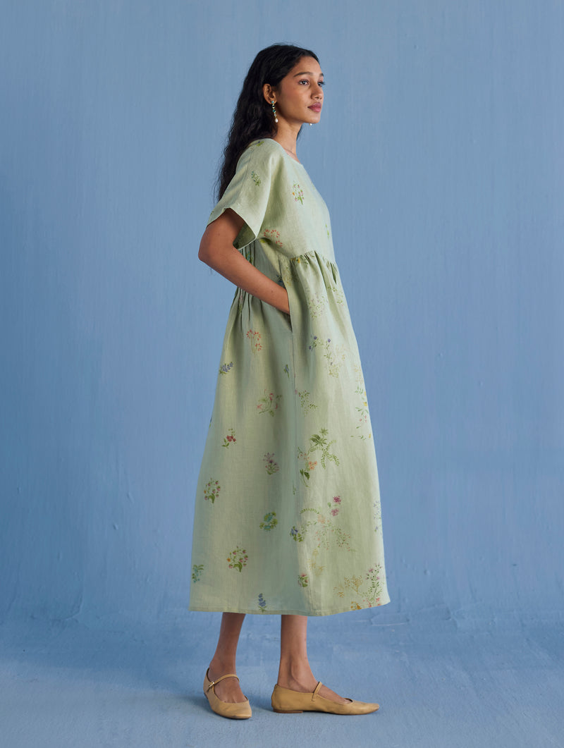 Uniko Pleated Floral Linen Dress - Mint