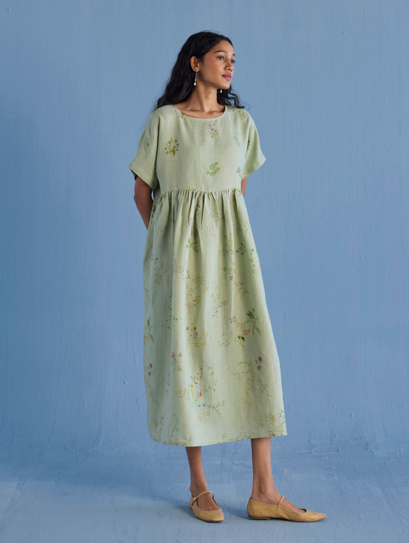 Uniko Pleated Floral Linen Dress - Mint