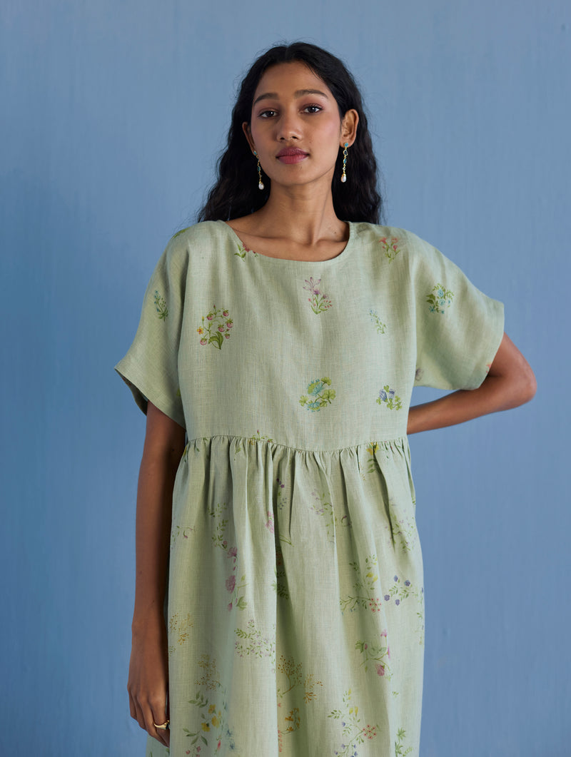 Uniko Pleated Floral Linen Dress - Mint