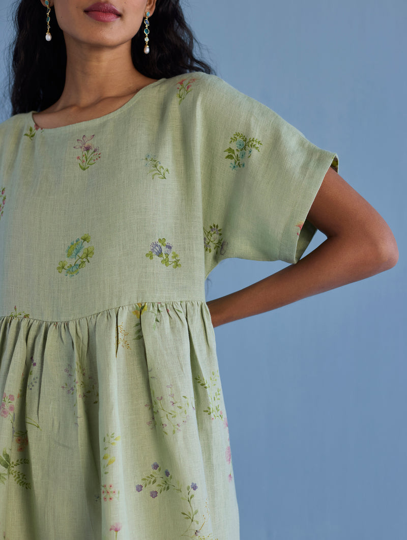 Uniko Pleated Floral Linen Dress - Mint