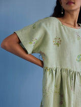 Uniko Pleated Floral Linen Dress - Mint