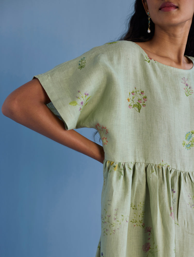 Uniko Pleated Floral Linen Dress - Mint