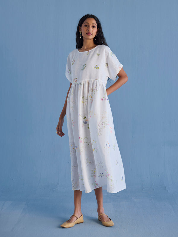 Uniko Pleated Floral Linen Dress - White