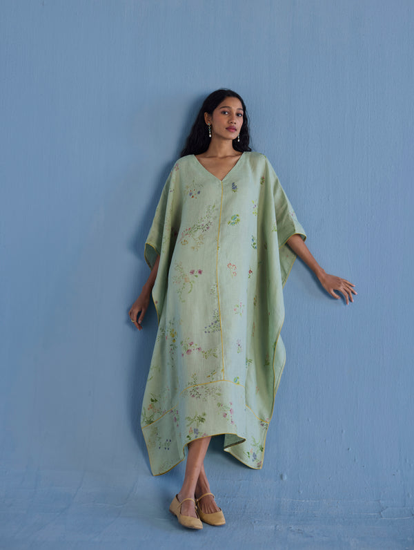 Eva Floral Linen Kaftan Dress - Mint