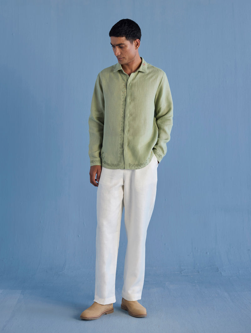 Kuru Hand-Embroidered Linen Shirt - Mint