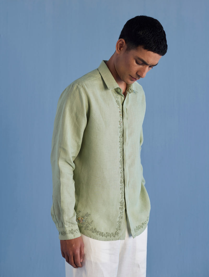 Kuru Hand-Embroidered Linen Shirt - Mint