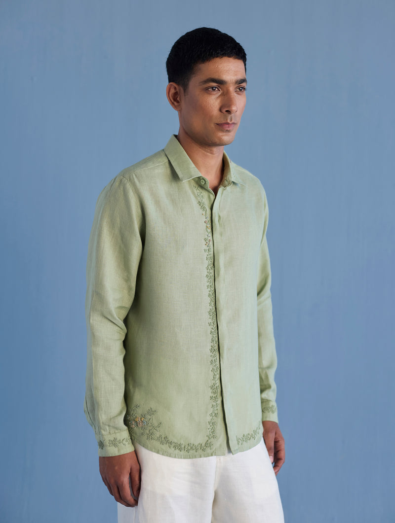 Kuru Hand-Embroidered Linen Shirt - Mint