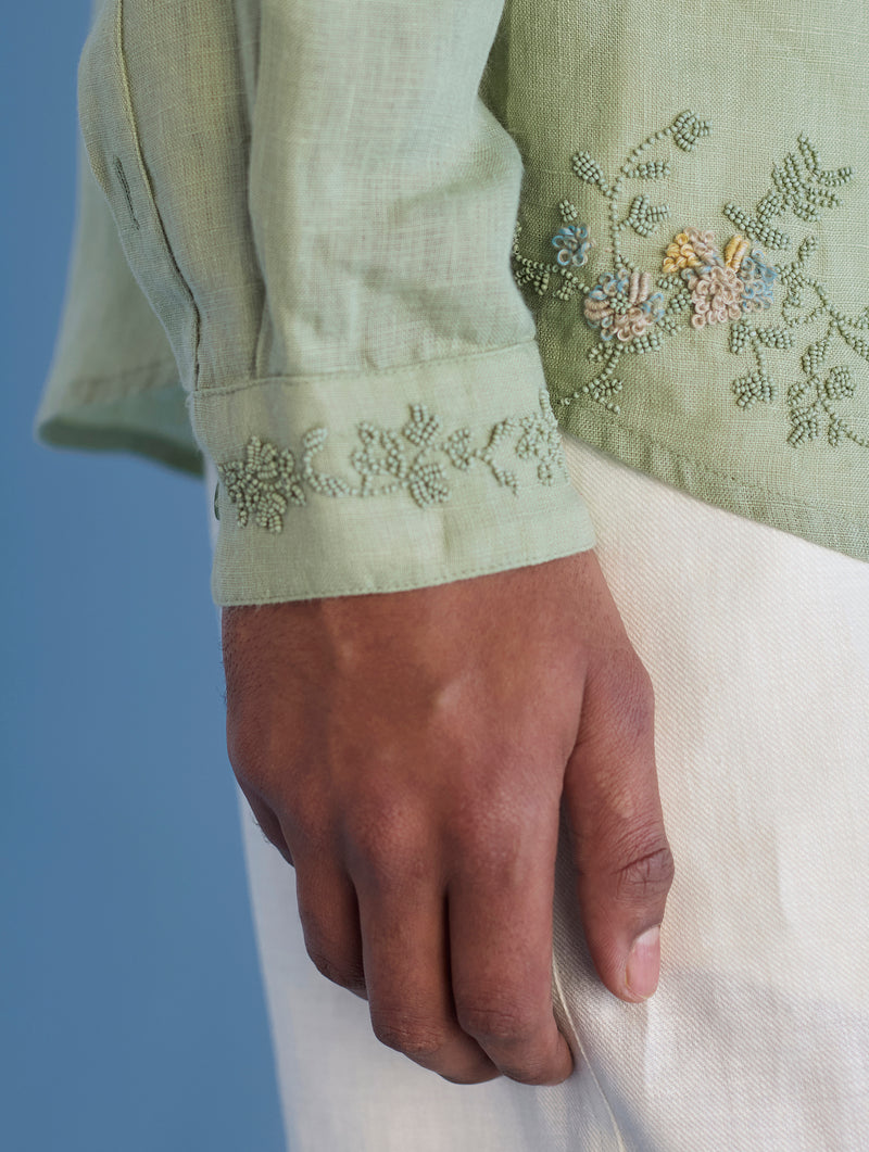 Kuru Hand-Embroidered Linen Shirt - Mint