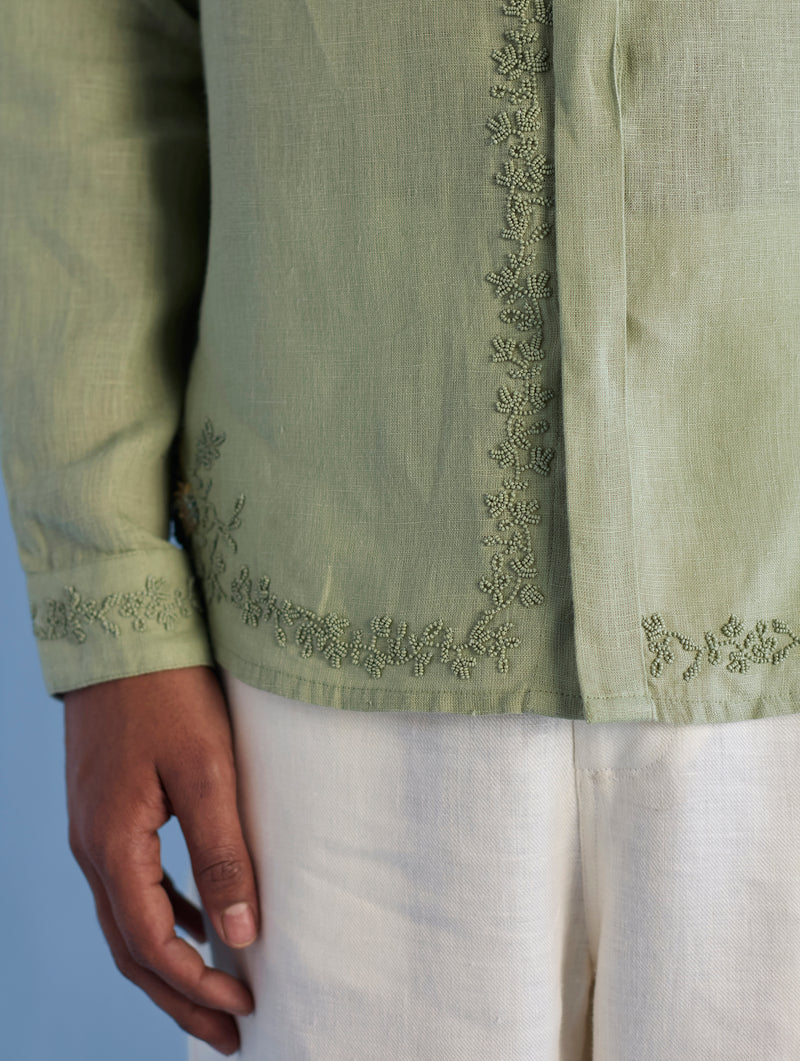 Kuru Hand-Embroidered Linen Shirt - Mint