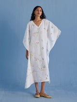 Eva Floral Linen Kaftan Dress - White