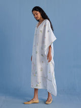 Eva Floral Linen Kaftan Dress - White