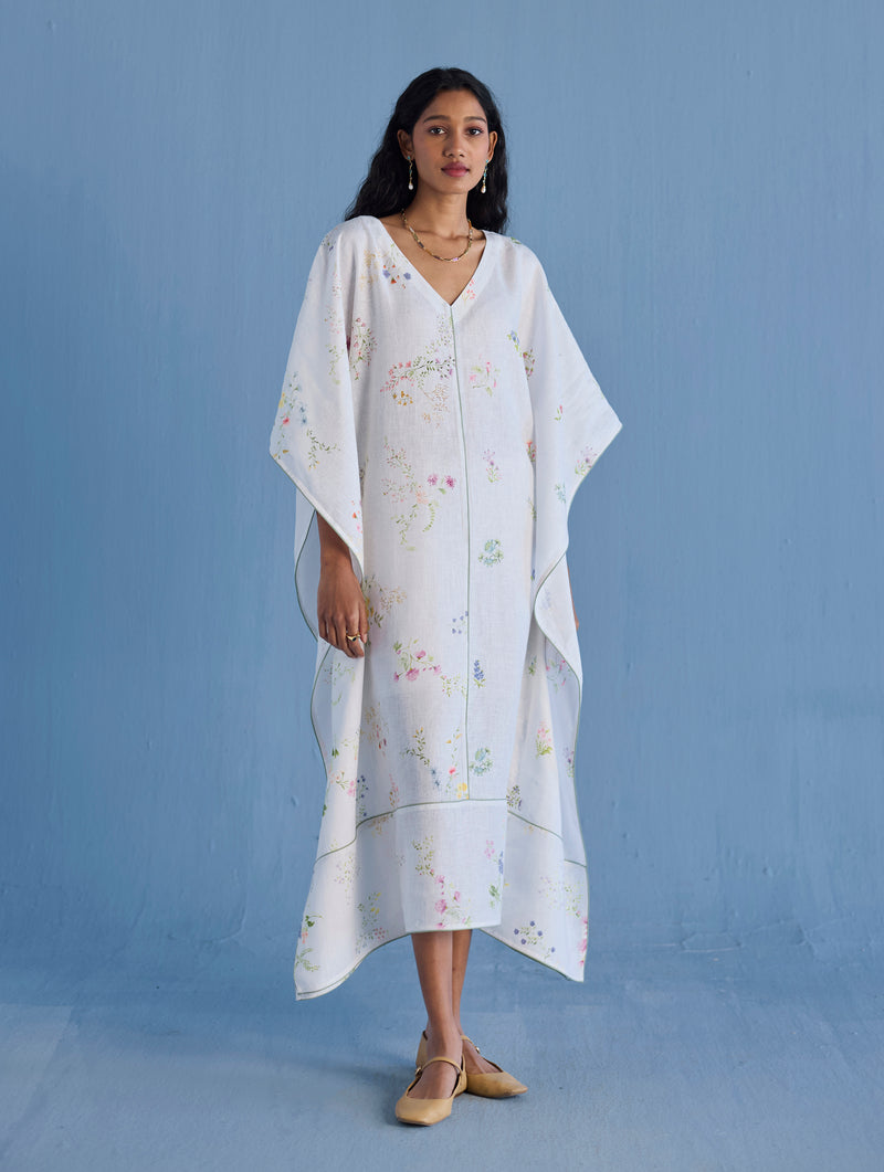 Eva Floral Linen Kaftan Dress - White