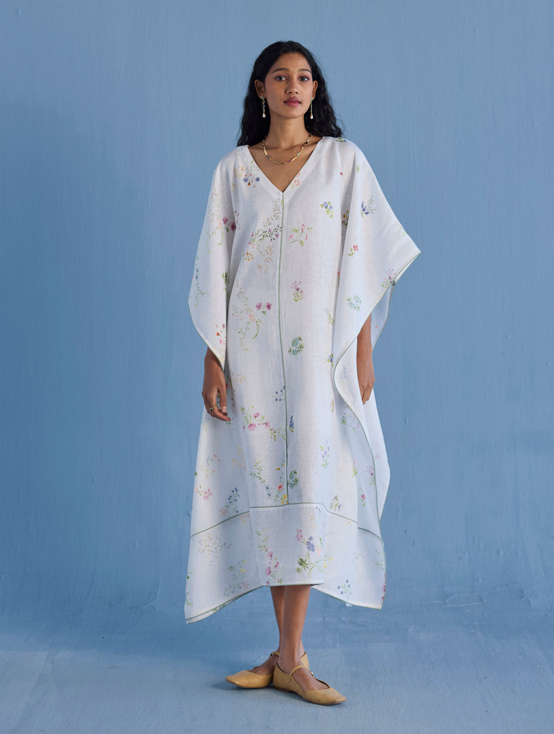 Eva Floral Linen Kaftan Dress - White