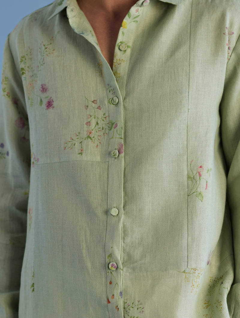 Gin Patchwork Floral Linen Shirt - Mint