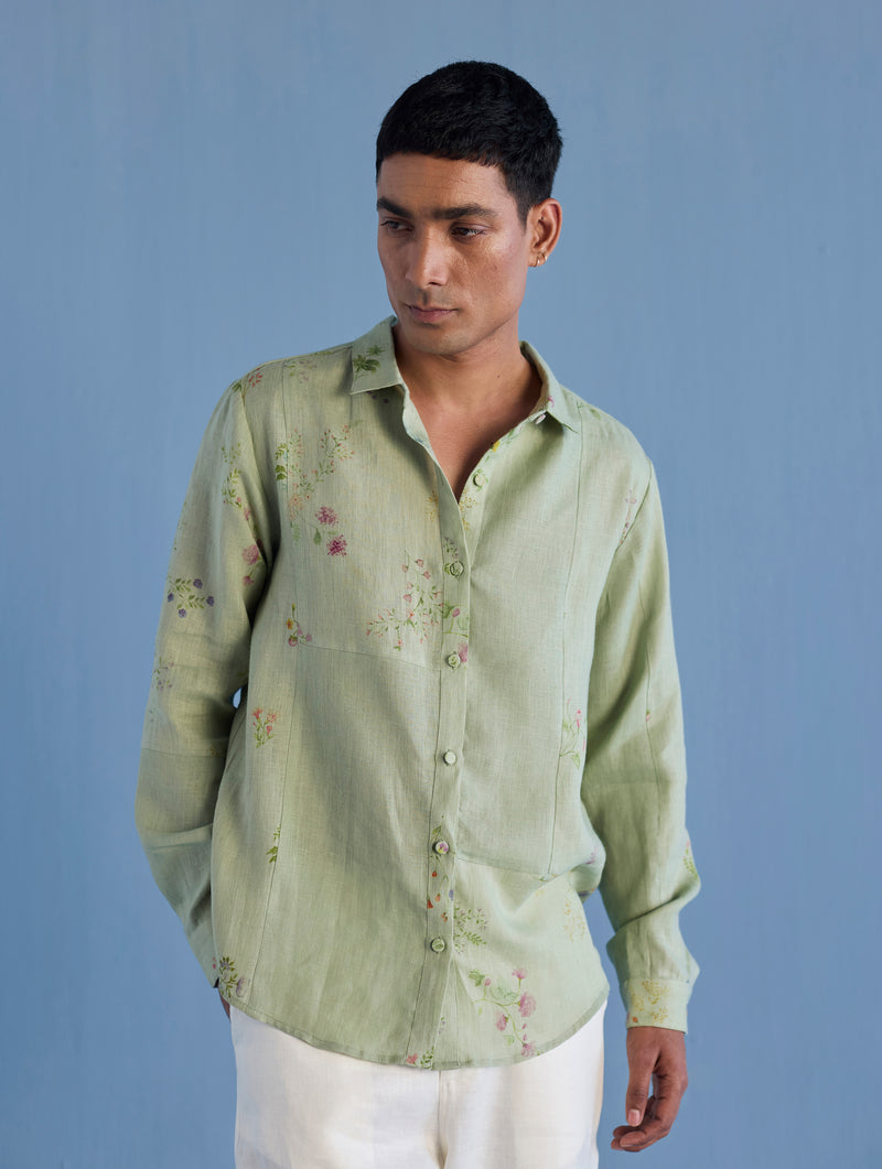 Gin Patchwork Floral Linen Shirt - Mint