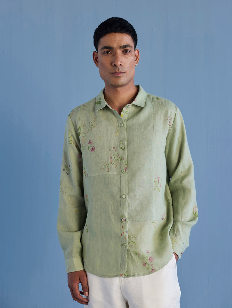 Gin Patchwork Floral Linen Shirt - Mint