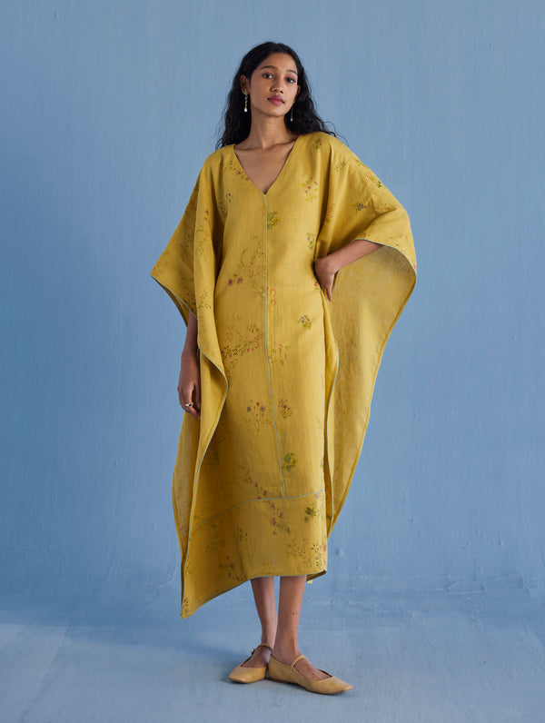 Eva Floral Linen Kaftan Dress - Ochre