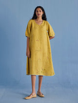 Nami Floral Printed Linen Dress - Ochre