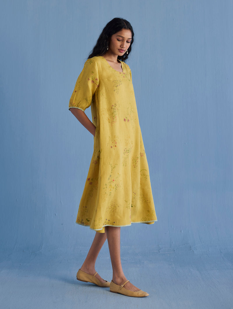 Nami Floral Printed Linen Dress - Ochre