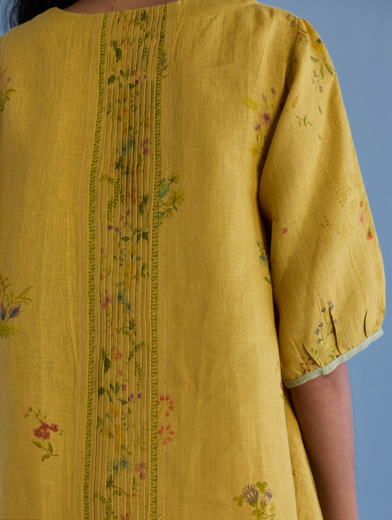 Nami Floral Printed Linen Dress - Ochre