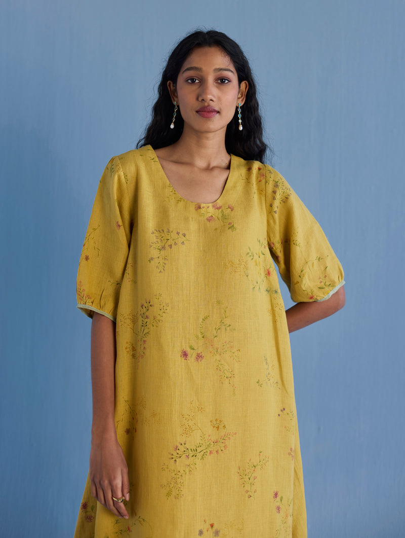 Nami Floral Printed Linen Dress - Ochre