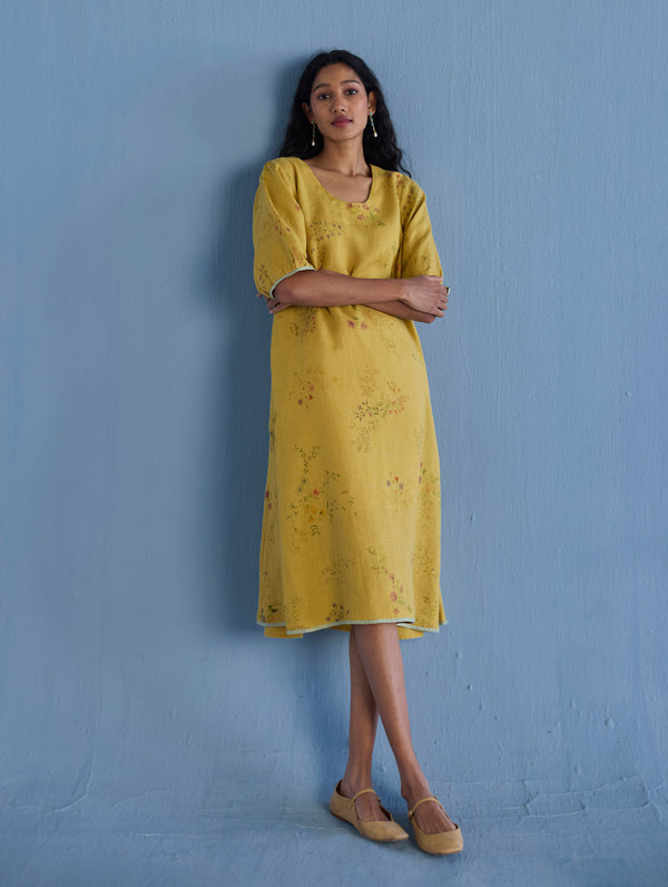 Nami Floral Printed Linen Dress - Ochre